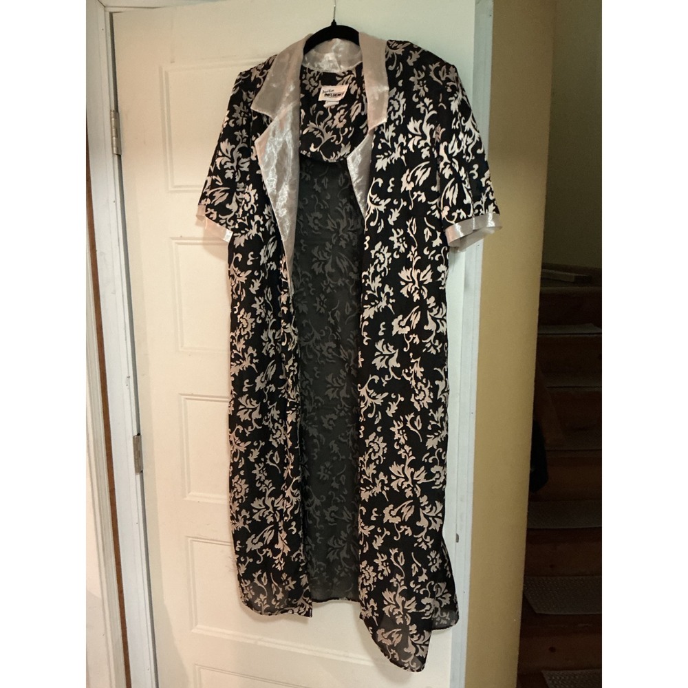 Positive Influence Vintage Damask Duster Cardigan Black Silver Sheer‎ Longline L